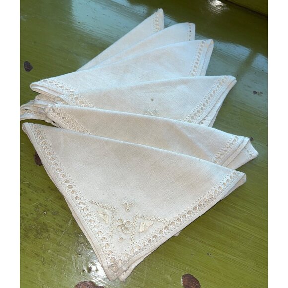 Vtg Linen Napkins Flax 12.5" Square Embroider Drawnwork Cottagecore Dining Home - Picture 9 of 9